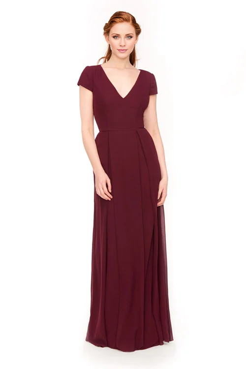 Jimiss V-neck short sleeved backless and floor length Prom dress